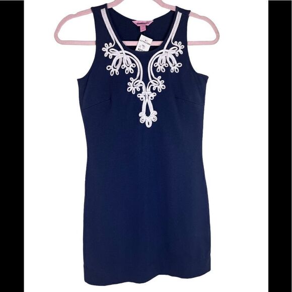 NWT Lilly Pulitzer Navy A-Line Dress with Embellished Neckline Size XS - Picture 1 of 7